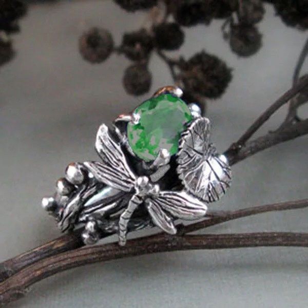 OMHXZJ Wholesale European Fashion Woman Man Party Wedding Gift Silver Dragonfly Lotus Yellow AAA Zircon Taiyin Ring RR315