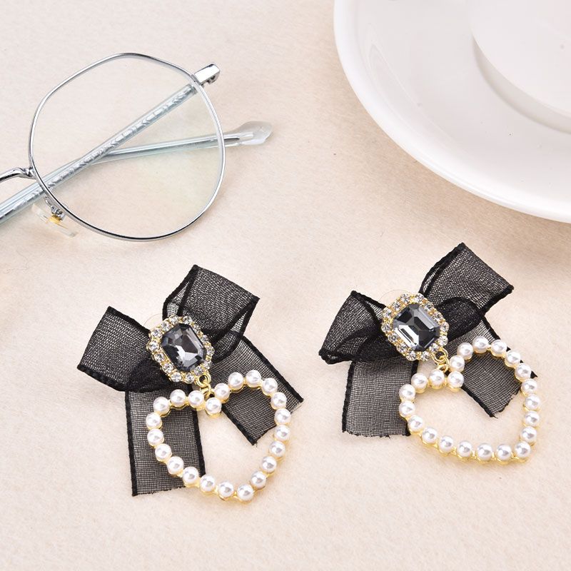 Sweet Jewelry Black Bowknot Earrings Crystal Simulated Pearls Heart Earrings
