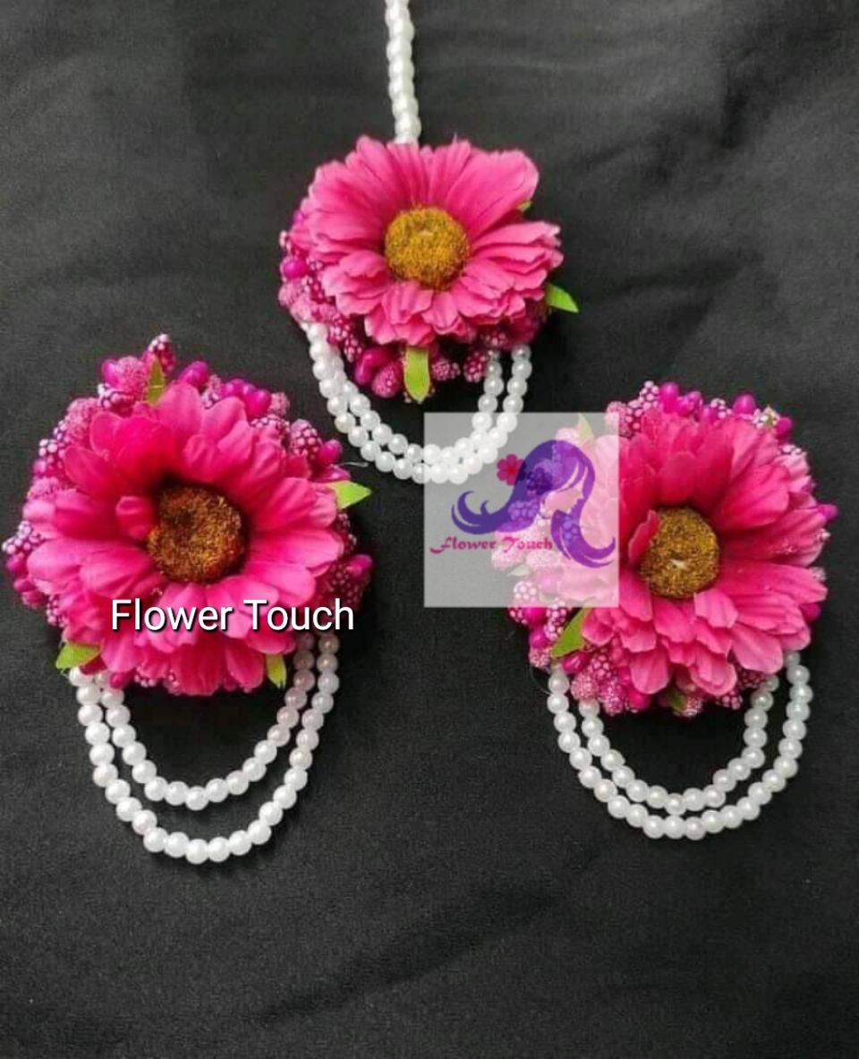 artificial flower pink colour tikli set for girls and womens