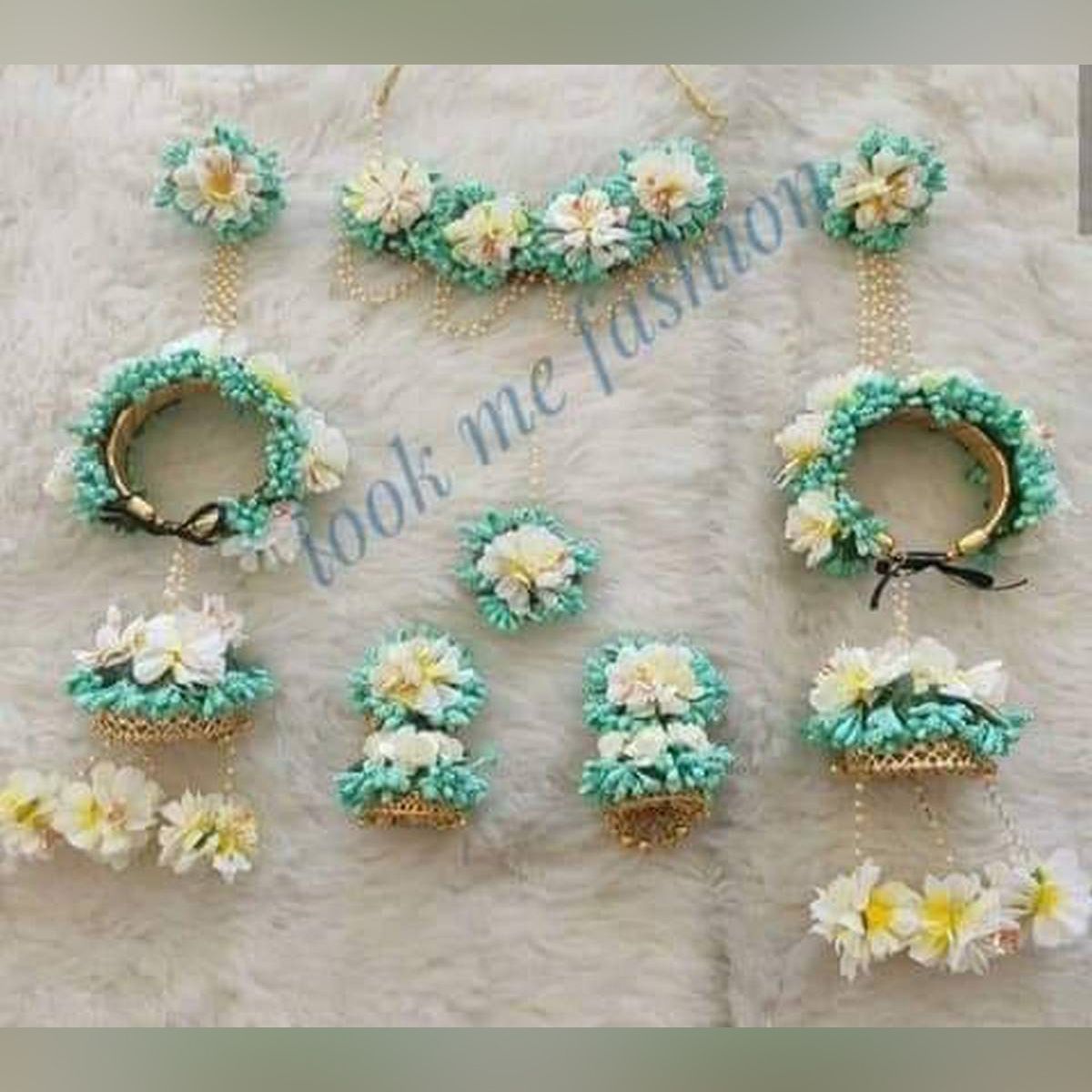 Artificial Flower Jewellery Set 5 Part-Necklace, Earrings, long Bracelets with adjust finger ring, tikli Bridal/Holud/Boishakh Fashion For Women