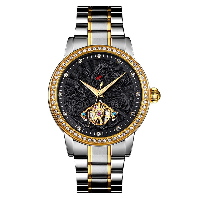 SKMEI 9219 Luxury Automatic Mechanical Men Watches Dragon Diamond Hollow Big Dial Moon Phase Watch Clock