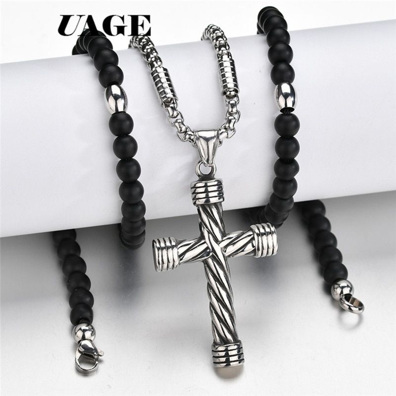 UAGE 2018 New Cross Pendant Necklace For Men Women 316L Stainless Steel Rosary Beads Necklace Religious Jewelry