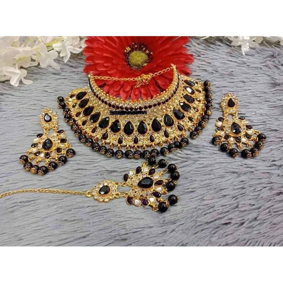 Neckless for Women International Grated in Indian Gold Plated Thai stone Jewellery Necklace Set Traditional Gold Plated Wedding Choker Necklace Earrings And Tikli Jewellery Set - Necklace For Girls