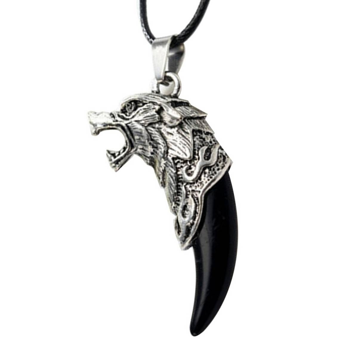 Men Antique TribalCarved Wolf Fang Tooth Pendant Faux Leather Rope Necklace
