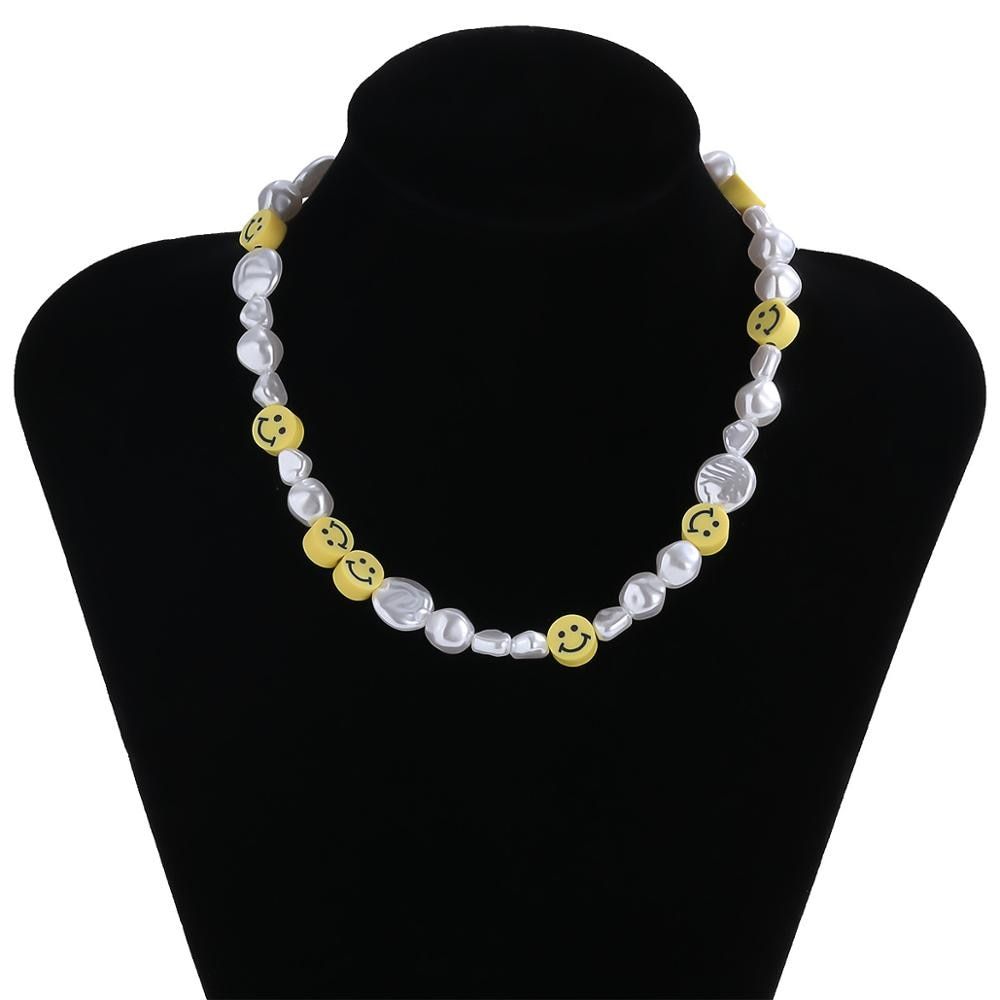 DIEZI Korean irregular Imitation Pearl Choker Necklace For Women Cute Sweet Girls Necklace Smile Face Beads Necklace Jewelry