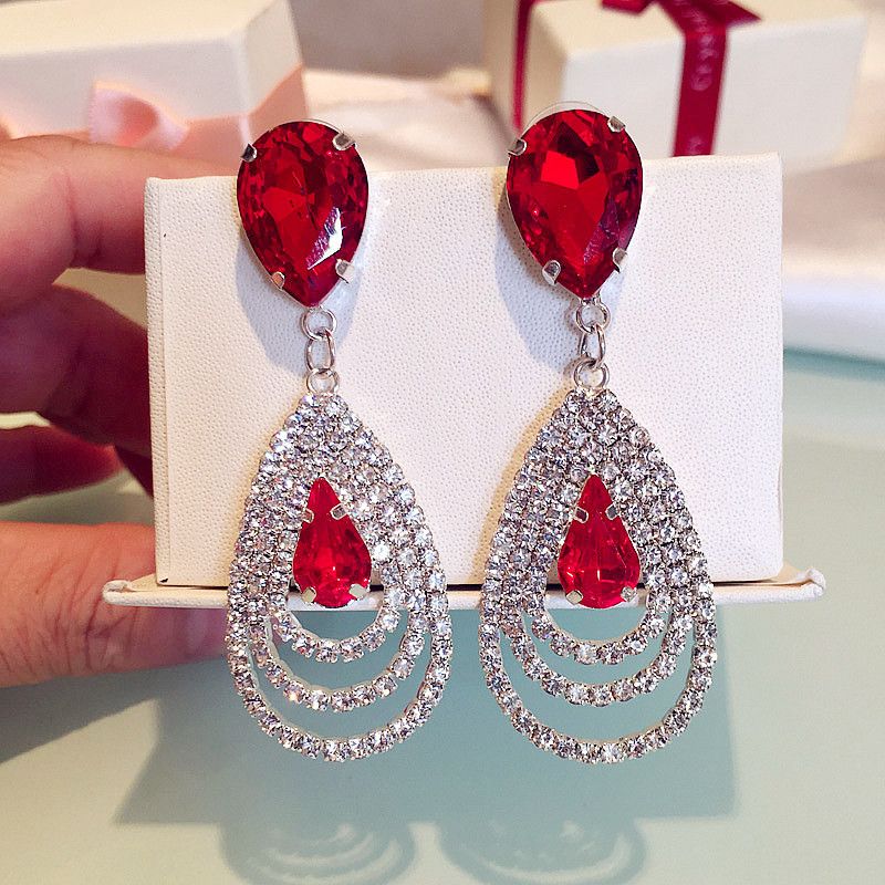 Trendy Elegant Wedding Party Jewelry Big Luxury Rhinestone Crystal Hot Pink Earrings Teardrop Dangle Earrings For Women