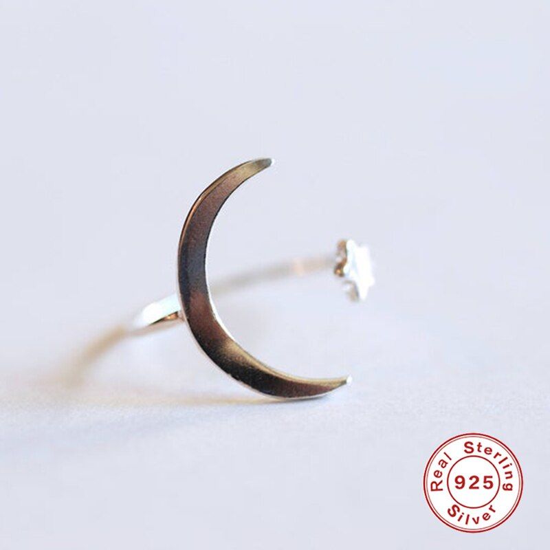 ROXI Moon Symmetrical Star Open Rings for Women Anillos 925 Sterling Silver Jewelry Bague Bijoux Femme Moon Open Silver Ring
