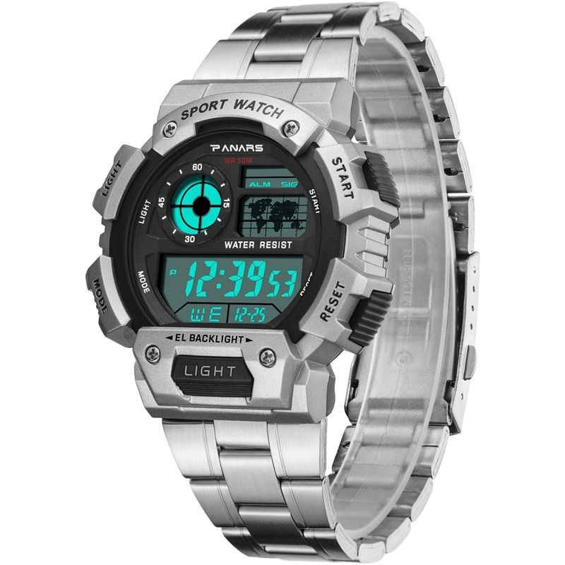 SYNOKE Men digital watch Luxury Sliver Stainless Steel clock Alarm Back Light Chronograph electronic wrist watches