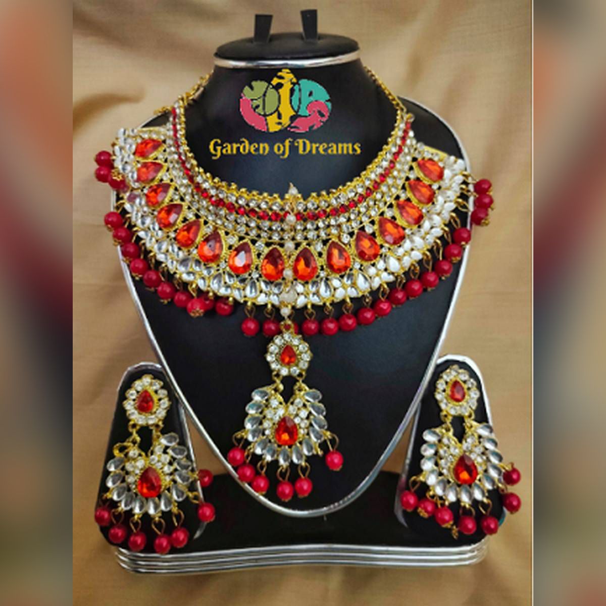 Traditional Wedding/Party Bridal Choker Necklace Earrings And Tikli Jewellery Set
