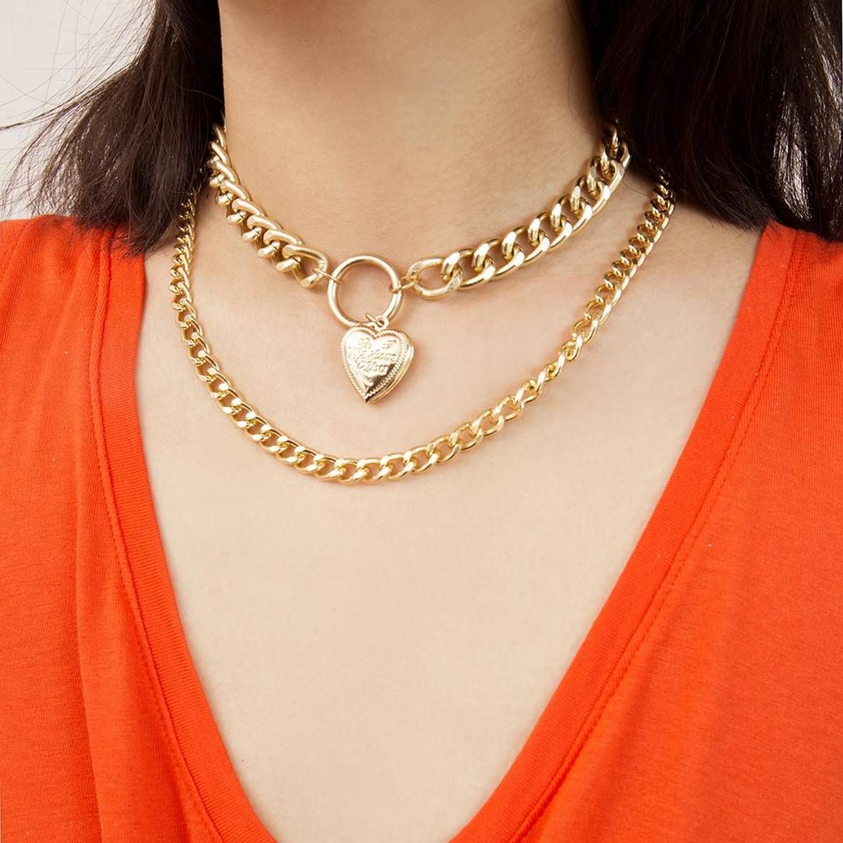 OIMG Double Layer Pendant Thick Curb Chain Choker Necklace Jewelry
