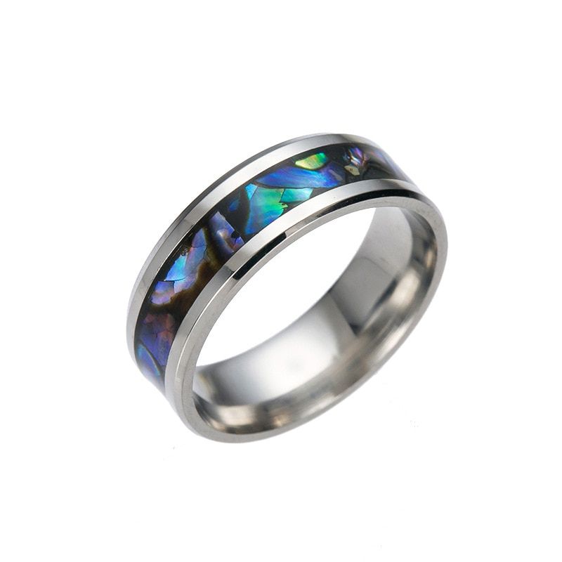 8mm Rings For Women Abalone Shell stainless steel Rings Engagement Ring Rainbow Rippled Abalone Inlay Stainless Steel