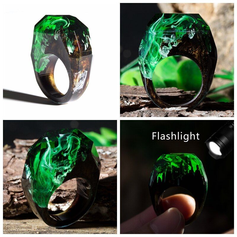 2019 Fashion Wood Resin Ring Female Forest Handmade Rainbow Star Secret Sky Micro Landscape Wooden Ring High Quality Jewelry