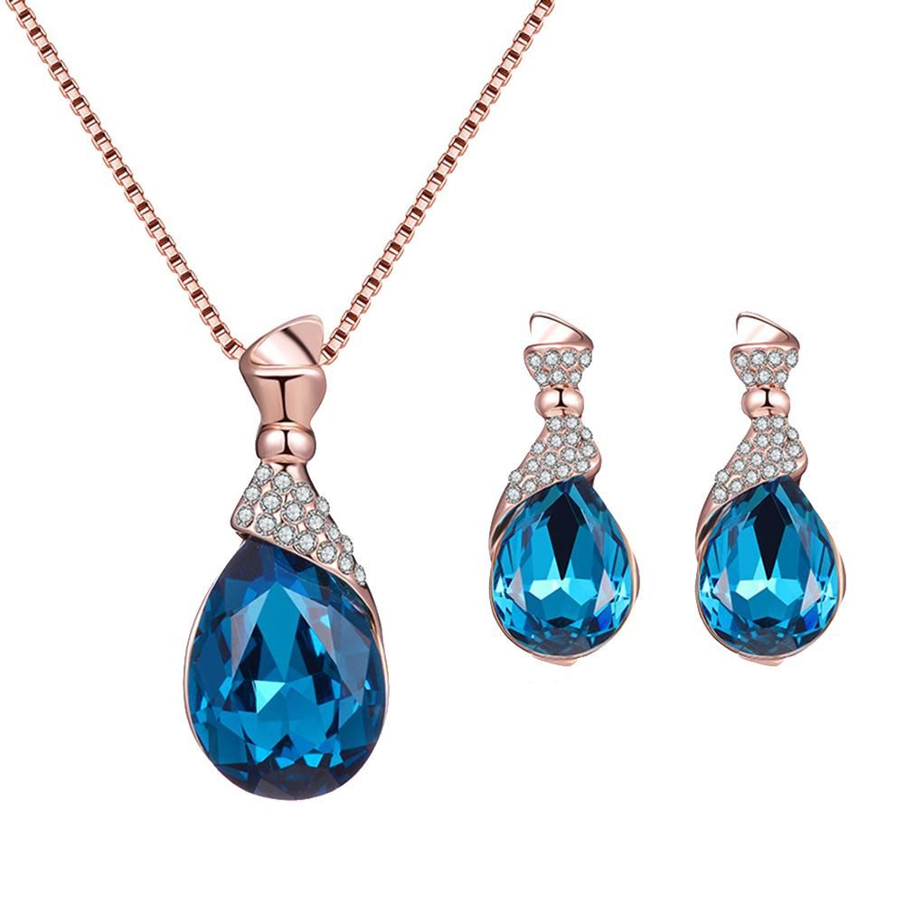 Women Water Drop Shape Rhinestone Pendant Ear Stud Earrings Necklace Jewelry Set