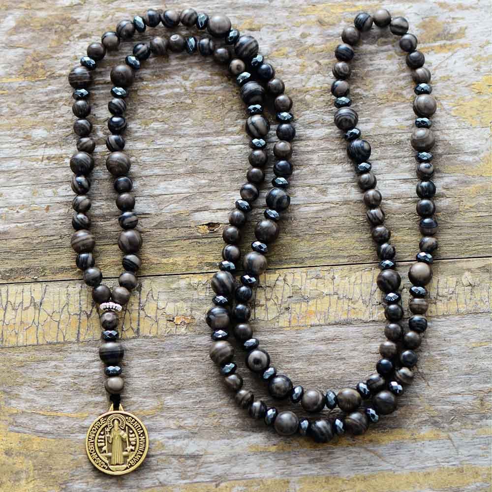 Mens Necklace Quality Natural Stone with Jesus Pendant Mens Rosary Necklace Best Friend Hematite Necklace Mens jewelry