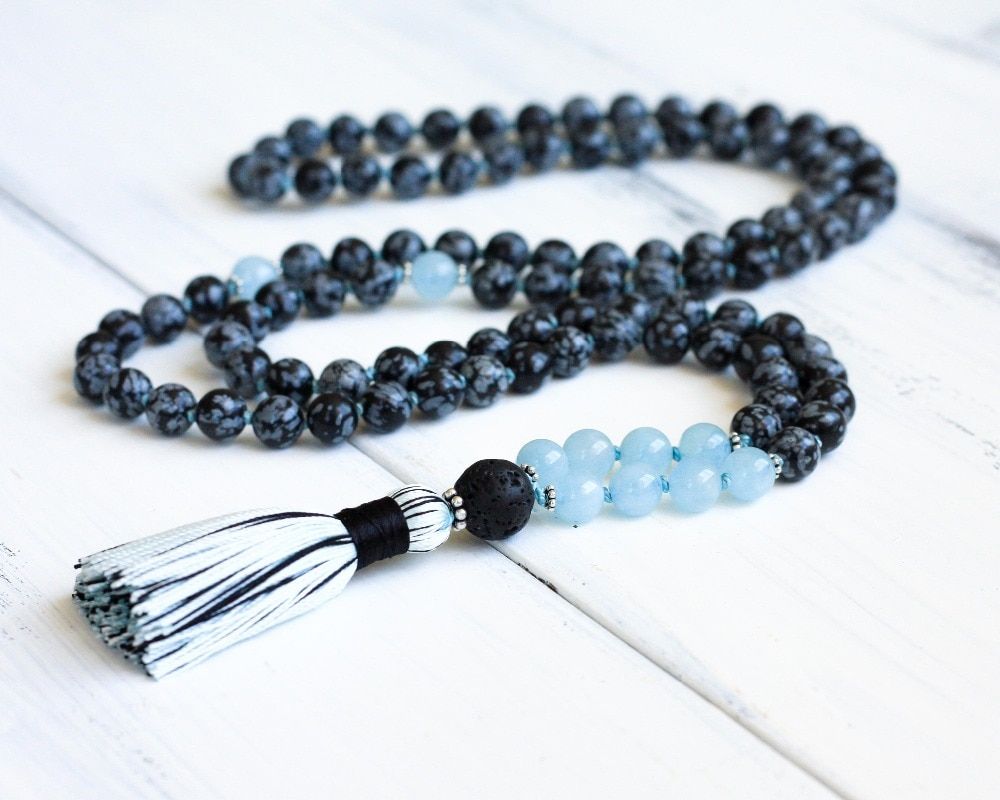 Snowflake 108 Mala Beads Necklace Bule Stone Mala Necklaces Japa Mala Prayer Bead Tassel Necklace Yoga Jewelry Knotted Necklaces