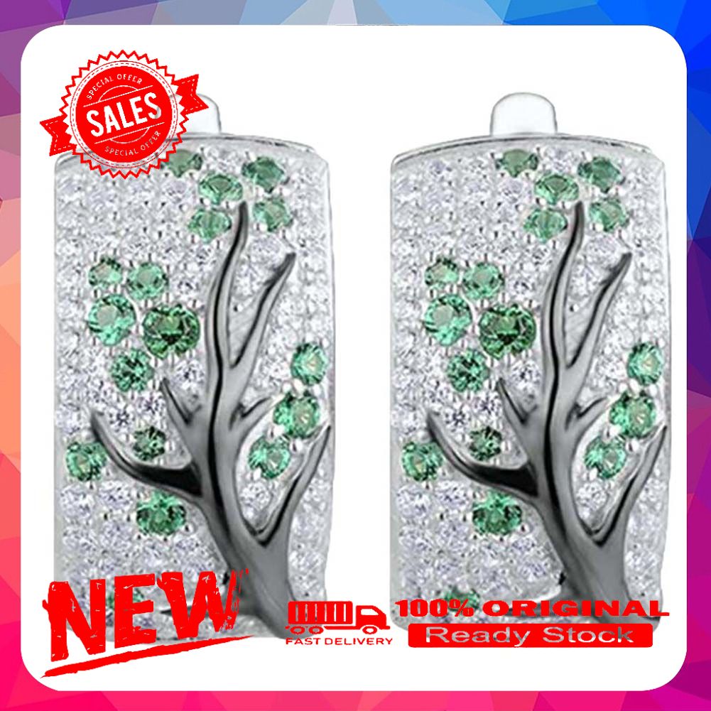 Lady Shiny Plum Blossom Branch Full Rhinestone Inlaid Curved Rectangle Earrings