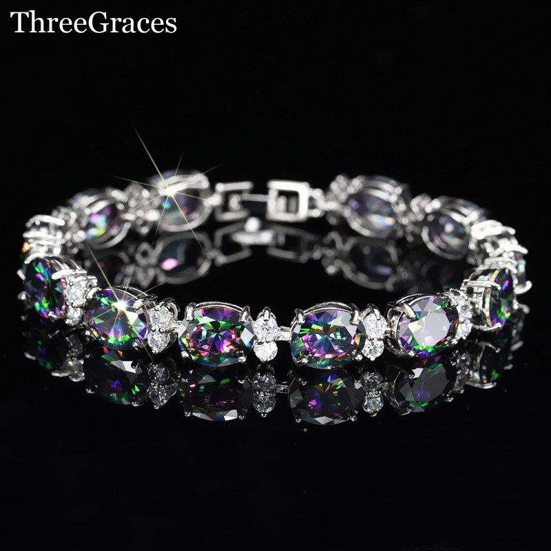 ThreeGraces Sparkling Rainbow Mystic Crystal Jewelry Connect Luxury Cubic Zirconia Crystal Fashion Women Party Bracelet BR087