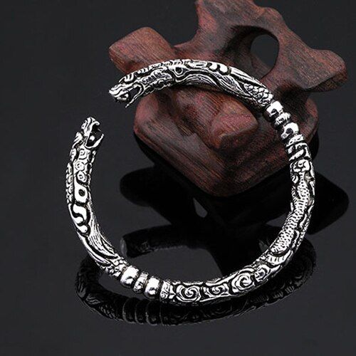 Beichong The Mystic Nine Silver Plated Brass,Copper Buddha Open Cuff Dragon Bracelet Jewelry For Man Men Party