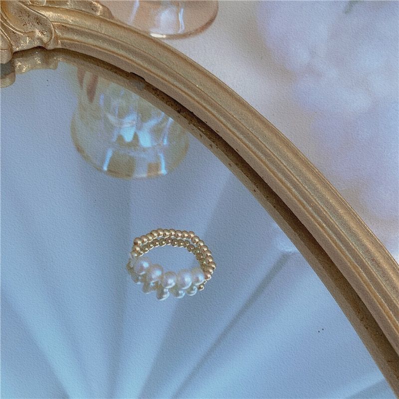 AOMU Vintage New Elegant Korean Retro Natural Pearl Shell Wood Beaded Ring Fashion Party  Finger Ring Jewelry for Women Gift