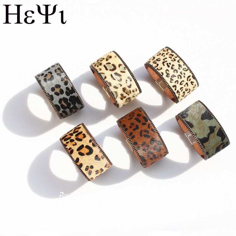 Width 3.2 cm and 3.8cm Design Horsehair Korea Velvet Leather Magnet Buckle Bracelet Leopard Pattern Women Fashion Bracelet