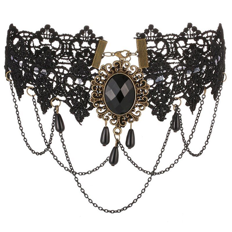 JOUVAL Collares Sexy Gothic Chokers Crystal Black Lace Neck Choker Necklace Vintage Victorian Women Chocker Steampunk Jewelry