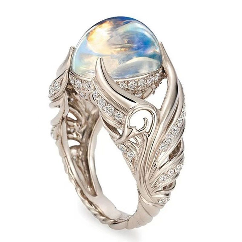 Anillos Yuzuk Silver 925 Jewelry Ring Vintage Colorful Big Circular Cut Ring Women Ring With Angel Wings Moonstone Femme Jewelry