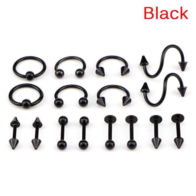16PCS/Set Women Piercing Steel Body Body Spiral Belly Tongue Bar Ring Eyebrow Mixed Piercing Jewelry