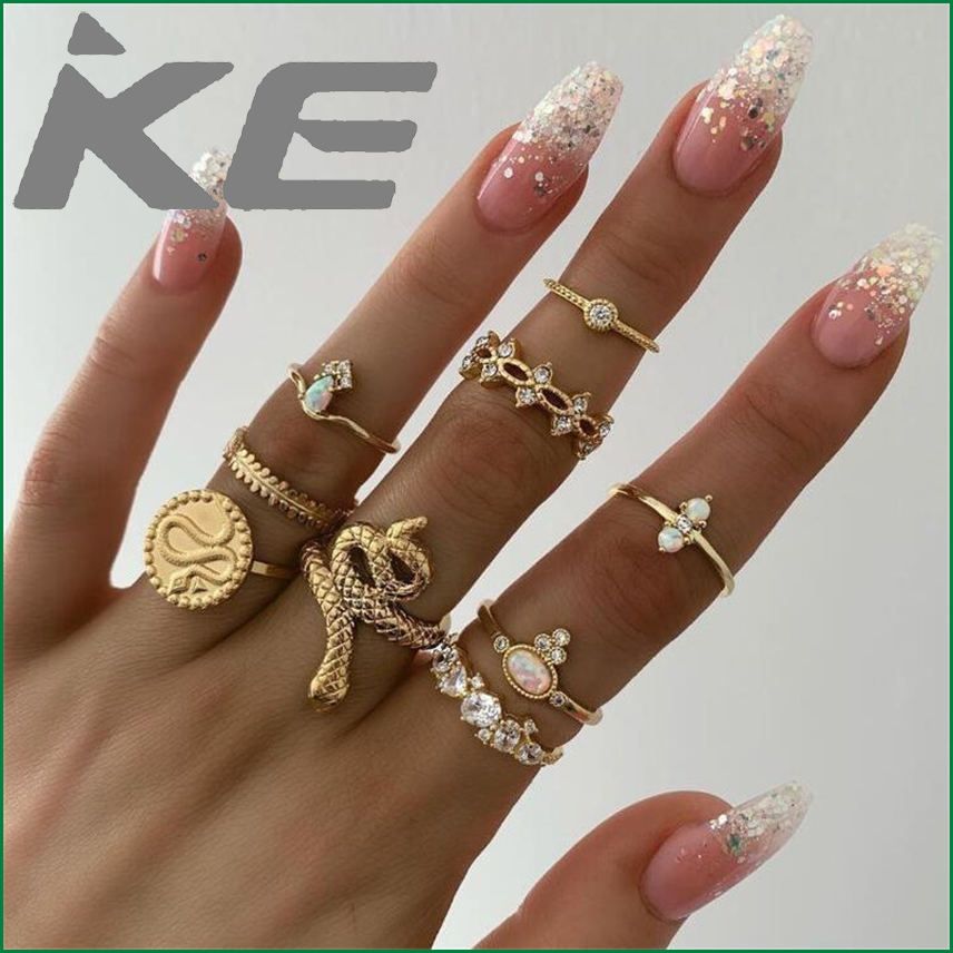 Palm set with diamonds, stars and moon letters, water drop crown, alloy snake ring, multi-piece set ring for gilrs for women low price