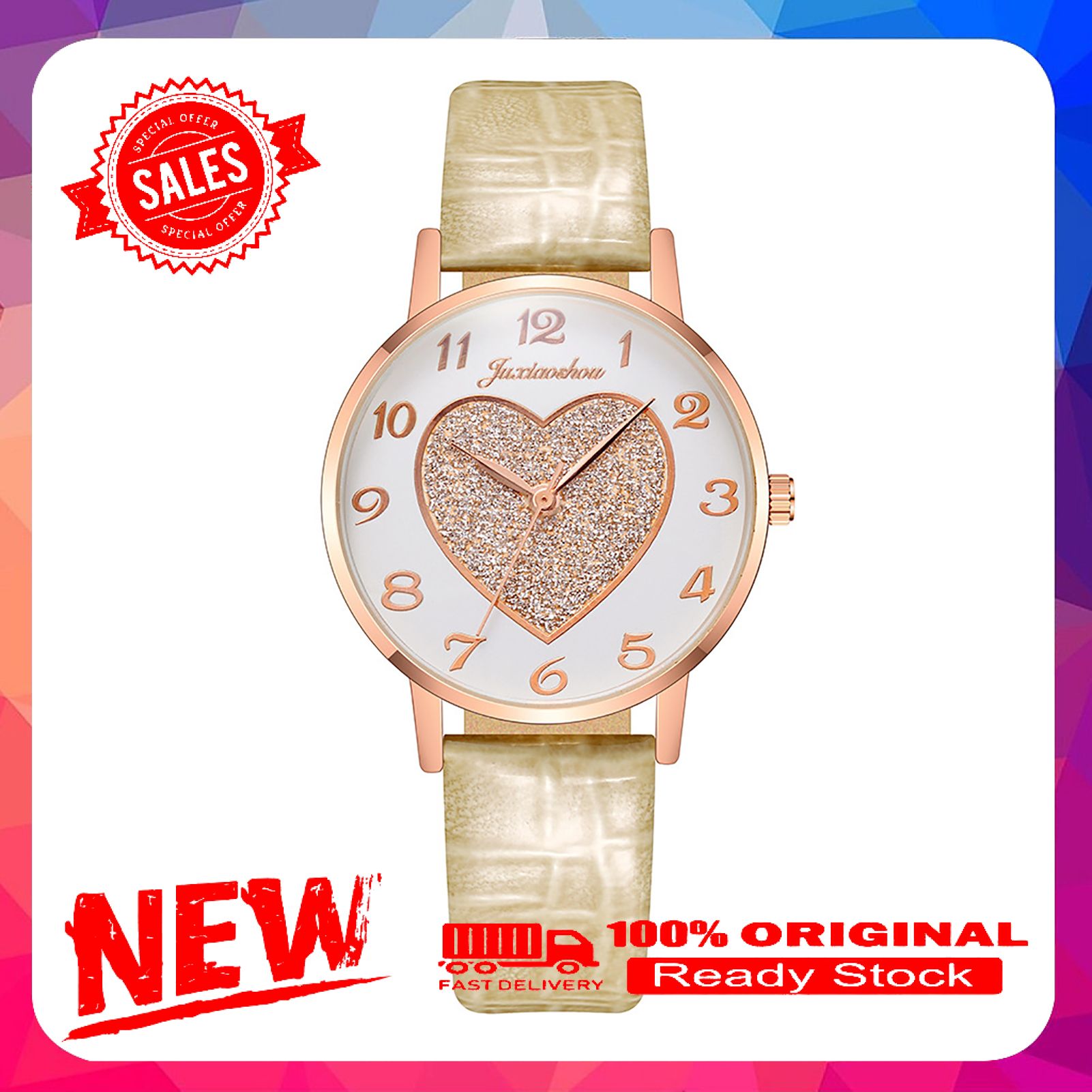 Women Heart-shaped Quartz Watch Casual Faux Leather Band Round Dial Wristwatch