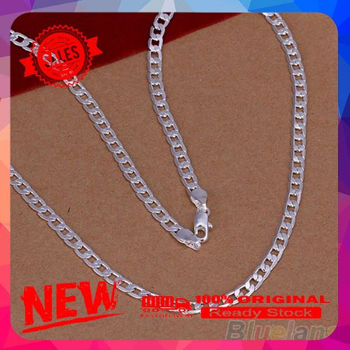 Fashion Unisex Silver Plated 4mm Sideways Flat Chain Necklace Jewelry Gift