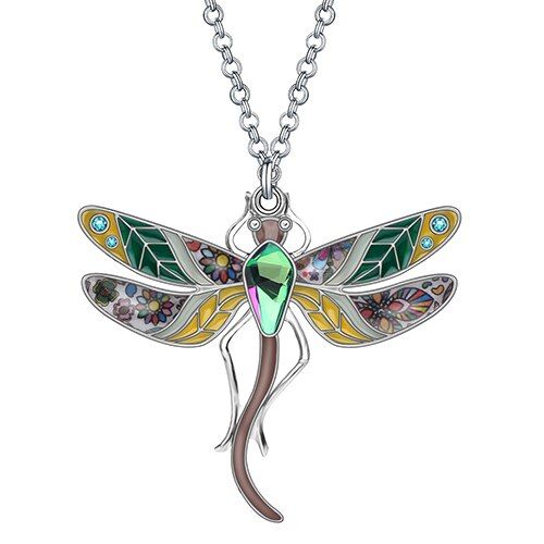 Bonsny Alloy Enamel Rhinestone Floral Dragonfly Necklace Pendant Chain Choker Insect Jewelry For Women Girl Party Gift Accessory