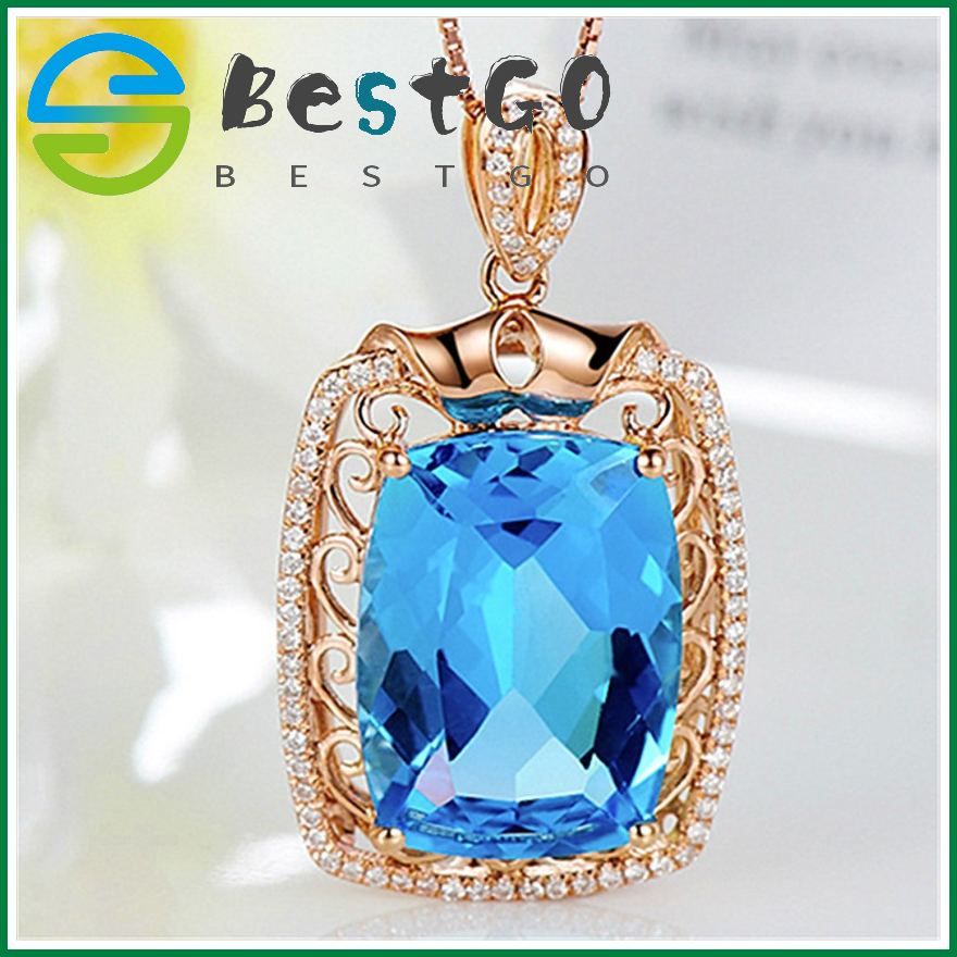 Large Loose Stone Pendant Full Of Diamonds Gem Pendant K-Gold Plated Diamond Color Jewel Necklace Swiss Blue Topaz