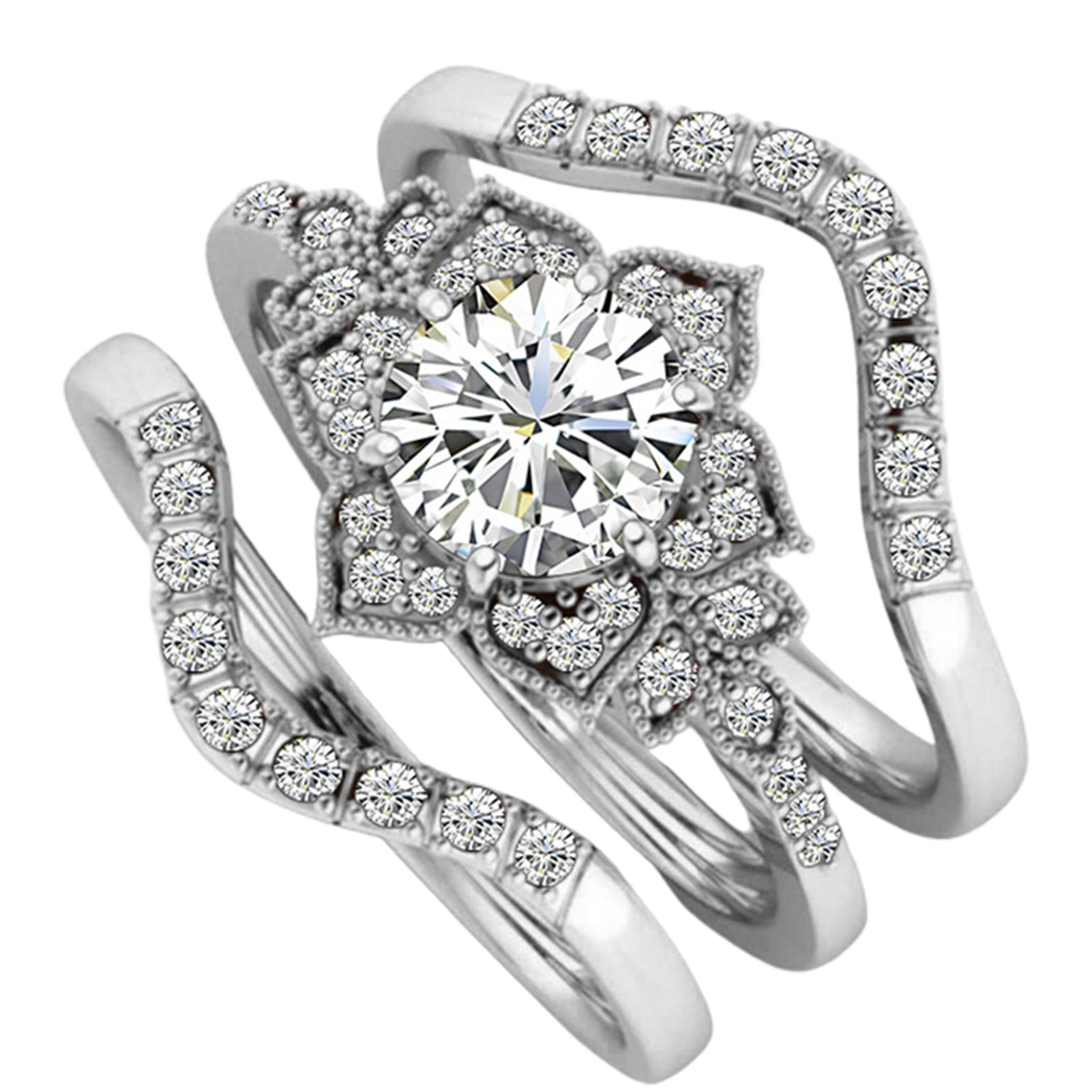 3Pcs/Set Ring Sets Flower Shape Exquisite Jewelry Ladies Bridal Engagement Ring for Dating