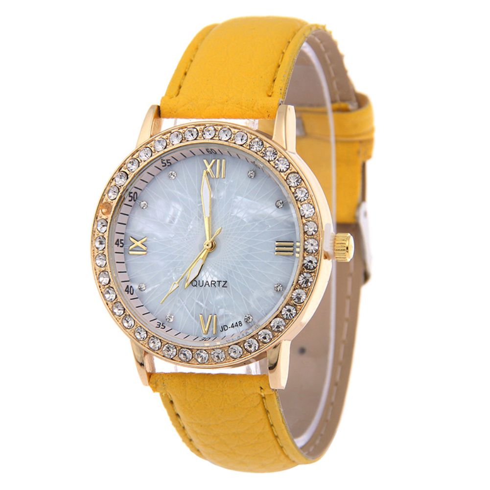 Fashion Faux Leather Women Rhinestone Bezel Roman Numerals Quartz Wrist Watch