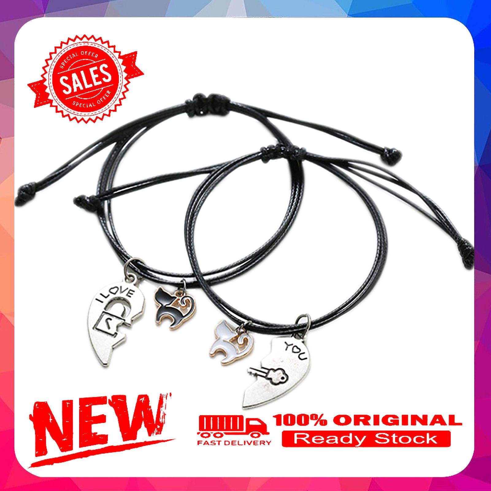 2Pcs Pull Adjustable Cat Open Heart Shape Hanging Drop Couple Braided Bracelet
