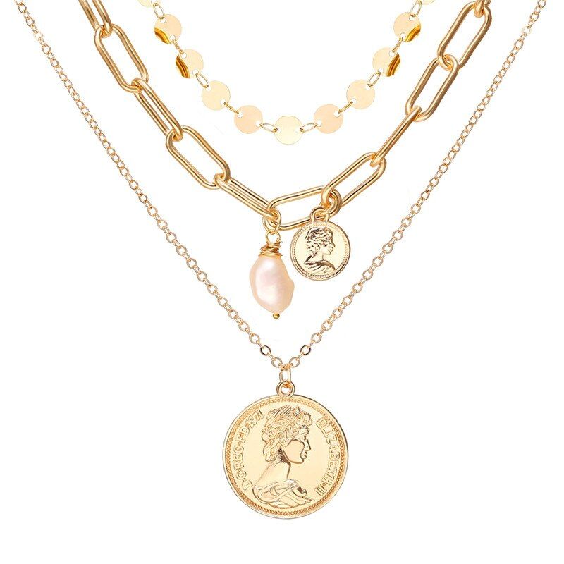 Thick Chain Multi Layered Portrait Lock Necklace Women Exaggerated Gold Color Coin Medallion Heart Necklace Collares 2020