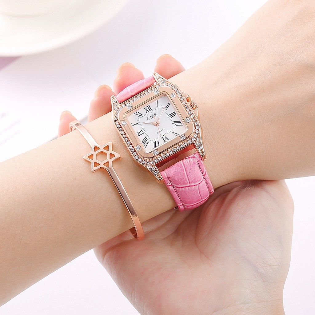 DUNKING Luxury Square Diamond Leather Simple Fashion Women Ladies Watch Jam