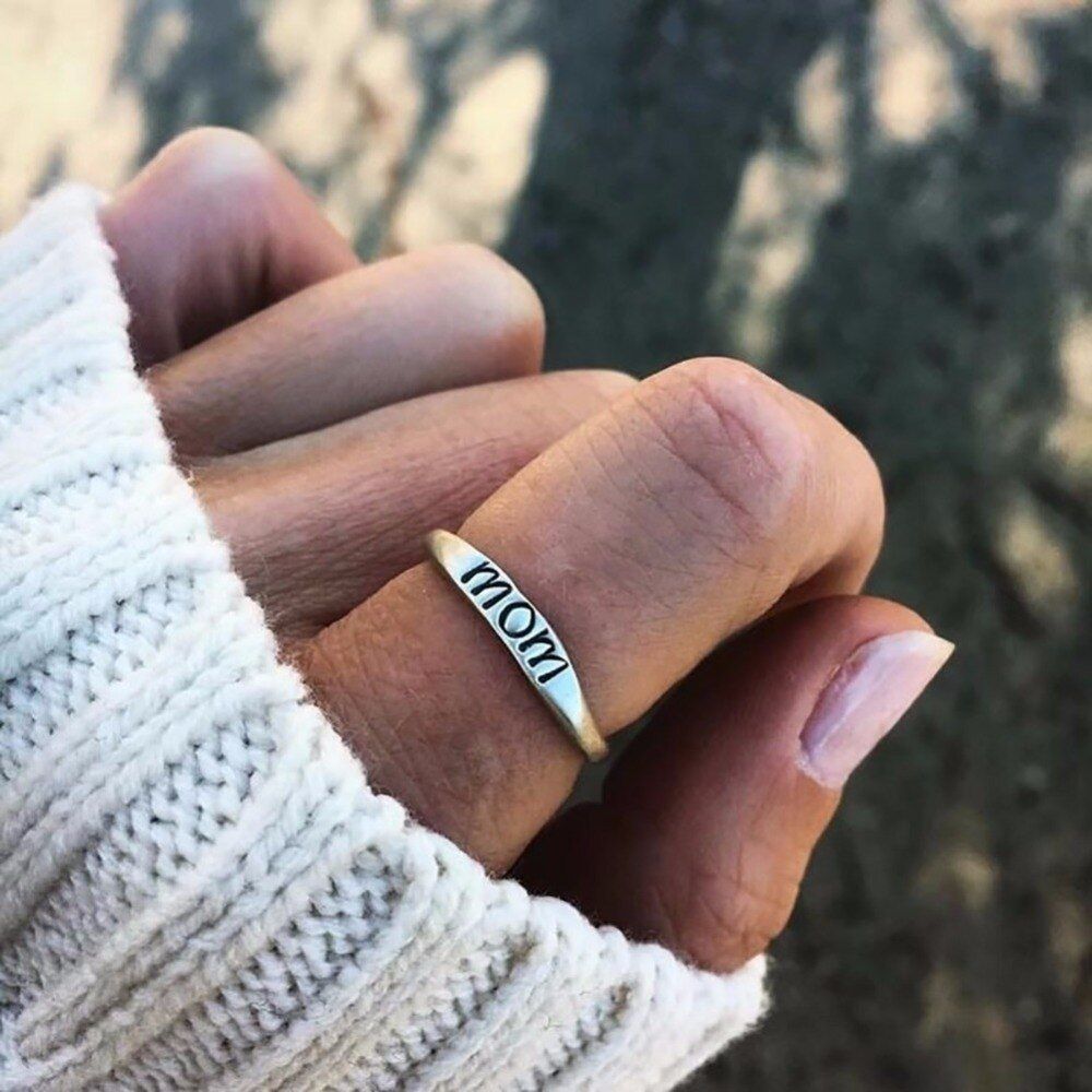 1Pc Classic Vintage Silver Color Ring Jewelry Selfless Letter Print Mom Ring for Women Clear Fashion Jewelry Gift Ring #259393