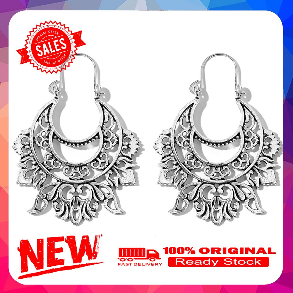 Vintage Women Semicircle Hollow Out Engraved Exaggeration Earrings Jewelry Gift
