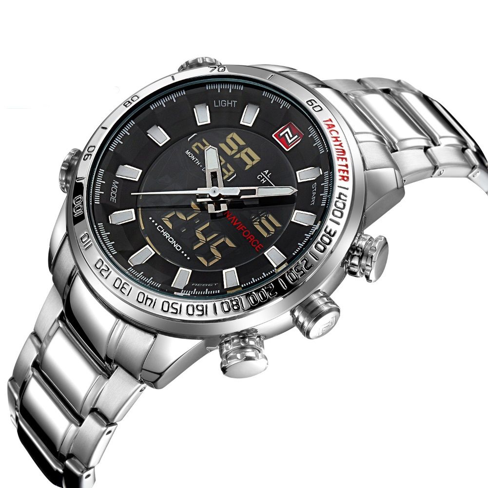 NAVIFORCE Men Fashion Steel Strap Round Dial Pointer Digit Display Quartz Watch