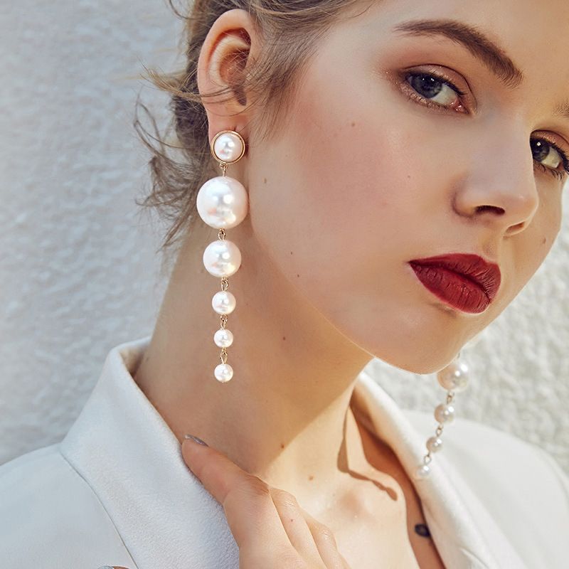 Women Elegant Big ulated Pearl Long Earrings Pearls String Earrings for Wedding Party