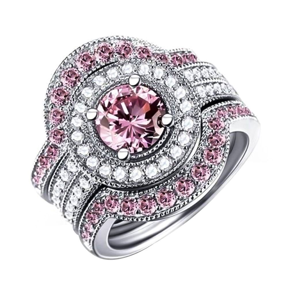 Glitter Two Tone Round Cubic Zirconia Inlaid Ring Bridal Wedding Jewelry Gift