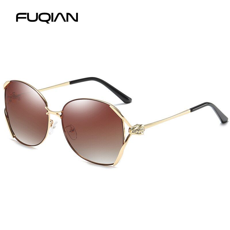 Tea TeaFUQIAN Fashion Polarized Sunglasses Women Luxury Big Metal Frame Glasses Unique Design Temple Eyewear Black Shades UV400
