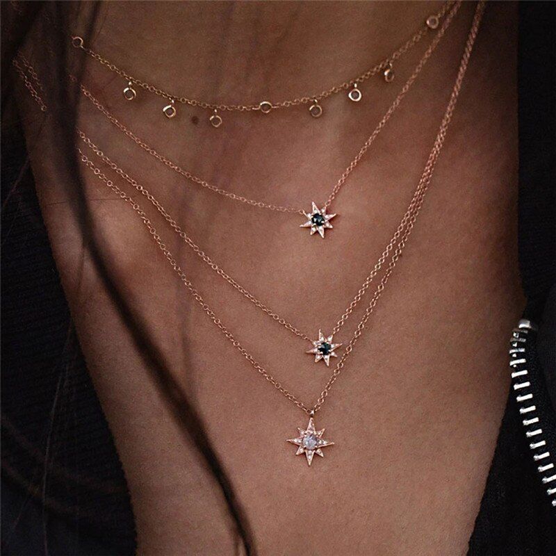 Vintage Geometric Crystal Fashion Multiple Layer Necklaces For Women Boho Multi-element Stone Pendant Long Necklace Gift Jewelry