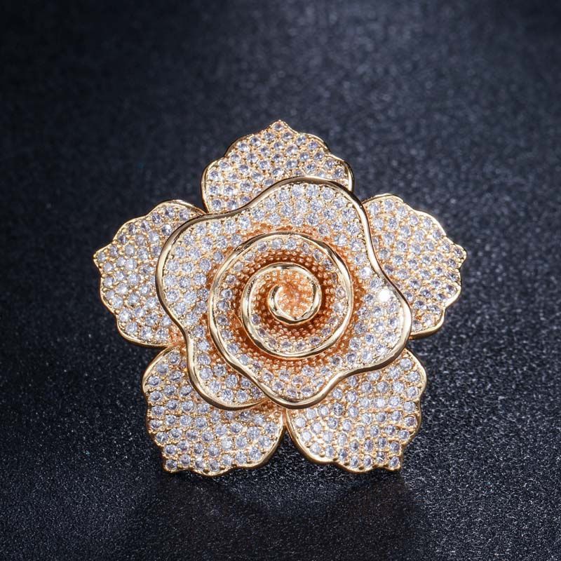 CWWZircons Luxury Women Party Engagement Jewelry Yellow Gold Color Cubic Zirconia Crystal Bridal Wedding Big Flower Ring R121