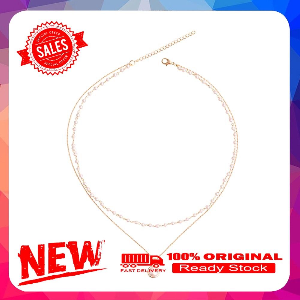 Fashion Women Faux Pearl Charm Beaded Double Layer Chain Choker Necklace Jewelry