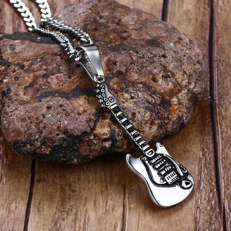 Mens Necklace Metal Stainless Steel Electric Acoustic Guitar Pendant Necklace Rock Roll Hiphop Style Fashion Jewelry