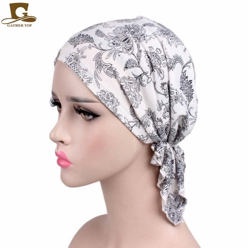Cotton Chemo Hat Pre-Tied Print Head Wear for Women Muslim  Turban Hair Loss Cancer Beanies Adult Caps Hair Accessories