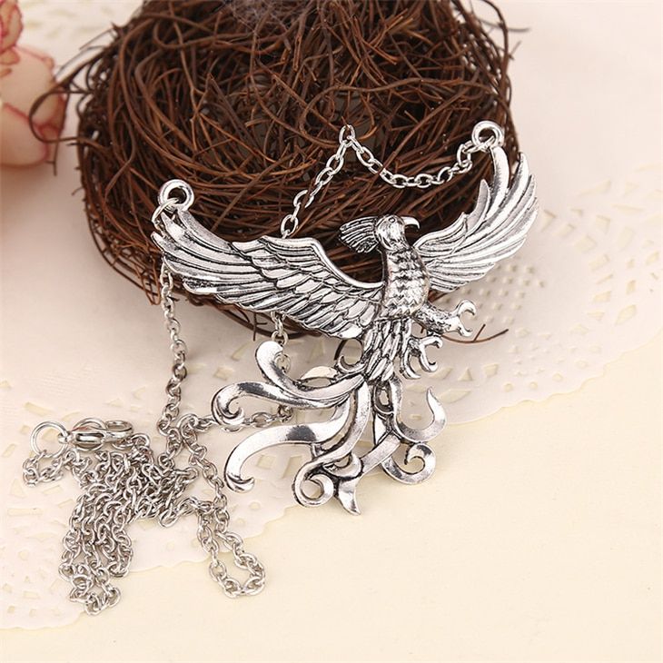 Phoenix Fire Bird Necklace Fawkes Dumbledore Vintage Antique Silver Color Firebird Pendant Hot Movie Jewelry Men Women Wholesale