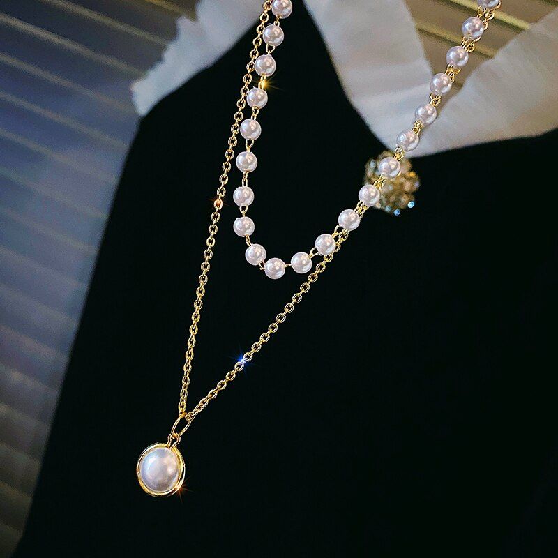 Fashion multilayer pearl pendant Necklace Girl minimalist style Temperament contracted collarbone chain Necklace Women Jewelry